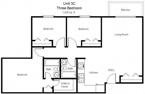 Floor plan for 3 beds, 2 baths, 1008 sqft